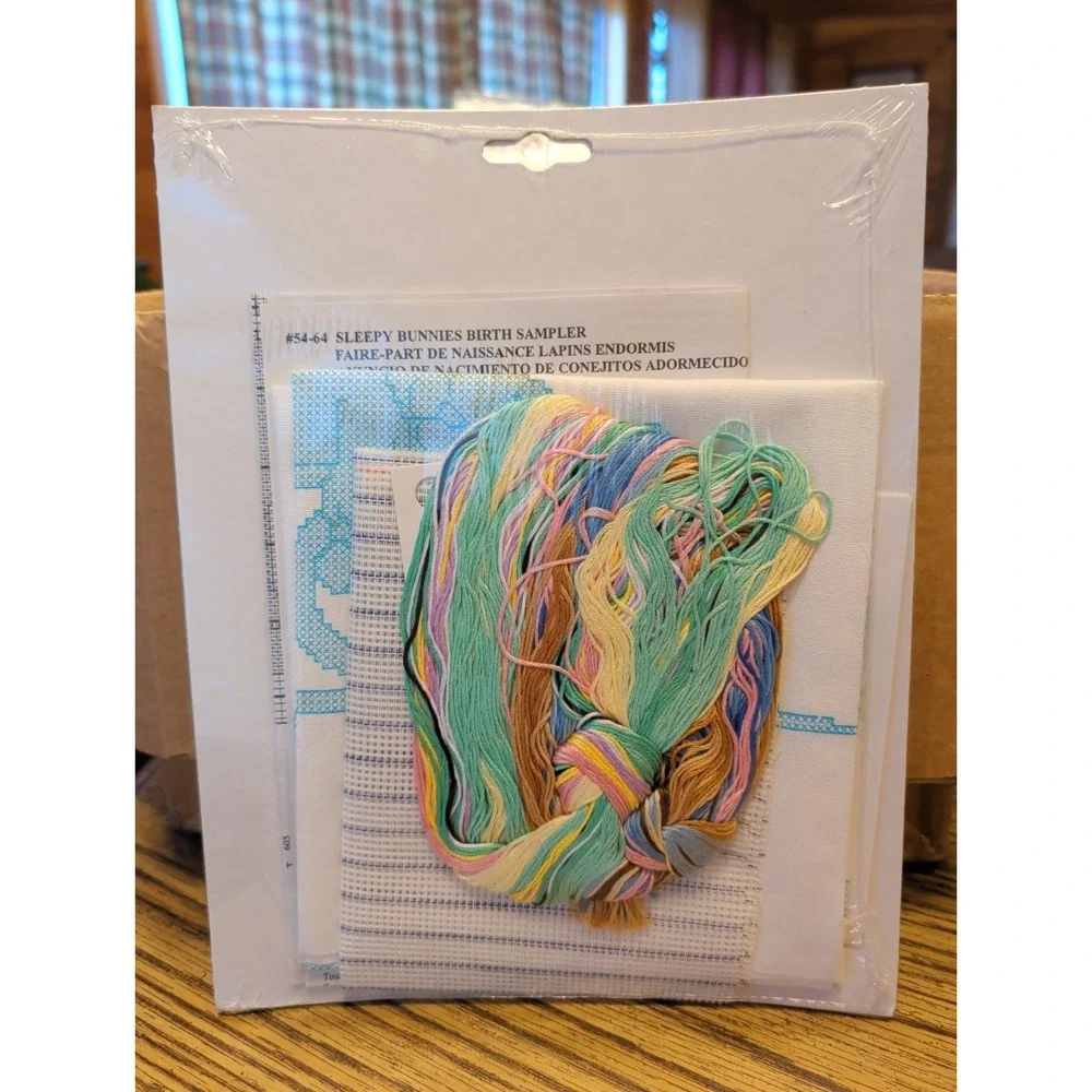 New Vintage Stamped Cross Stitch Kit Janlynn Sleepy Bunnies Birth Sampler